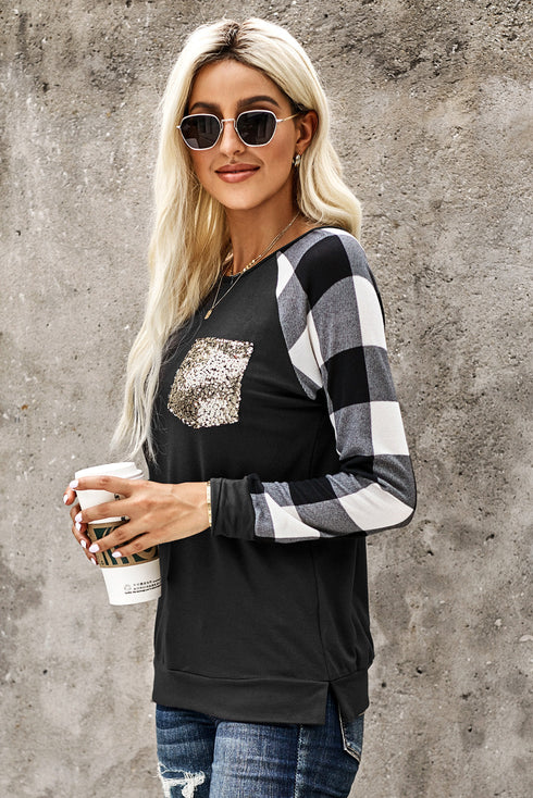 Plaid Splicing Sequined Pocket Long Sleeve Top